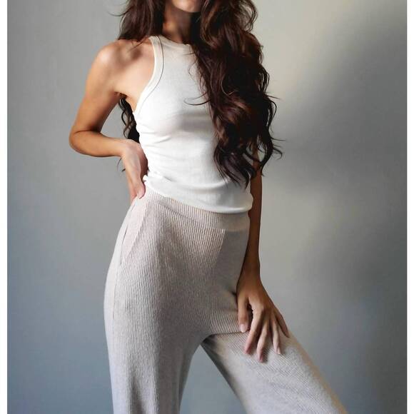 NEW LBLC THE LABEL erin wide leg ribbed cozy pant in oatmeal - Picture 4 of 4